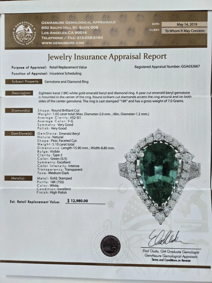 Anillo/evaluación de diamantes de 1,05 quilates/esmeralda natural de oro blanco de 18 quilates de 5,10 quilates Foto 2 de 4