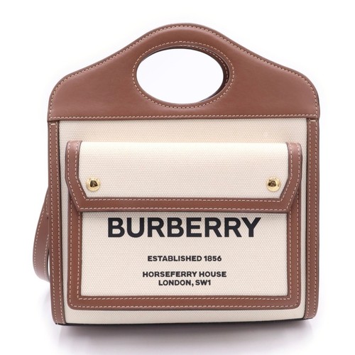 BURBERRY Mini Two-tone 2 way Bag Canvas Leather Shoulder Handbag Beige Used d1f8