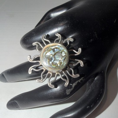 Vintage 925 Silver MEX Sun Moon Abalone Ring Adjustable 