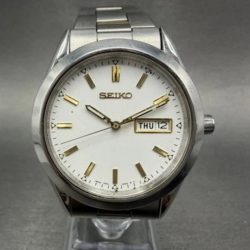 Seiko Watch Men 37mm White Dial Two Tone Daydate Round 7N43-9080 New Battery