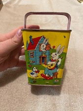 VTG J. Chein Bunnies and Chickens Metal Square Basket /Pail As Seen read 