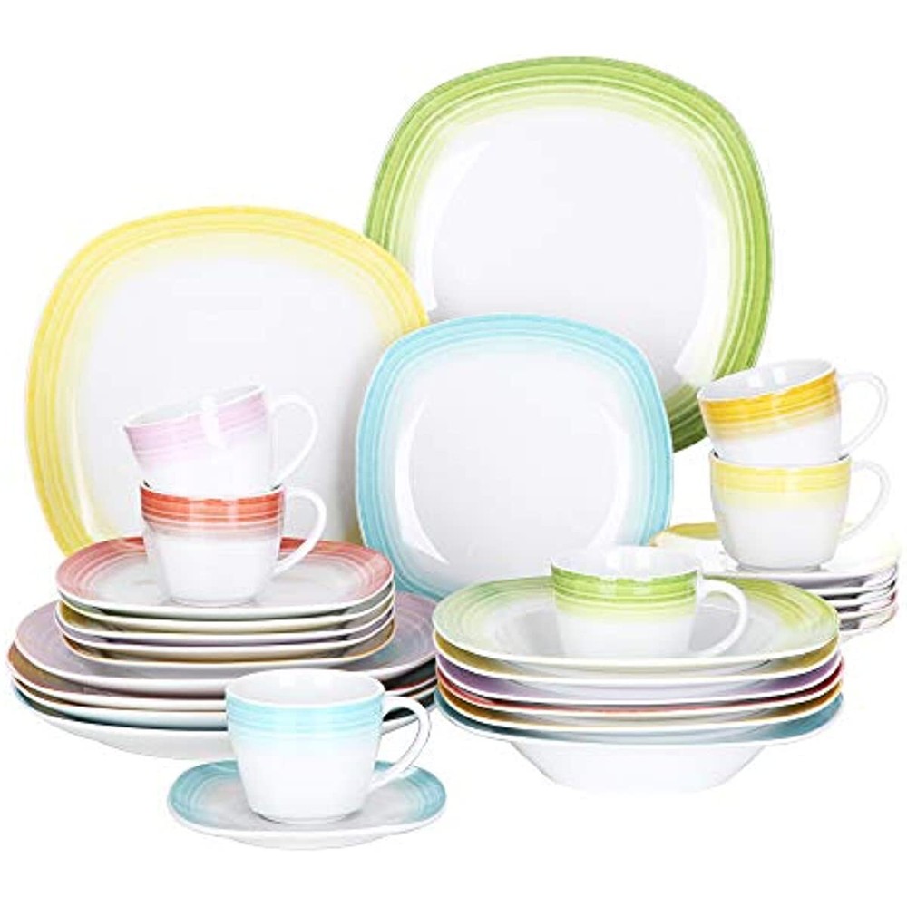 VEWEET SPARK 30-Piece Dinnerware Set White Porcelain Plate Bowl Service for 6