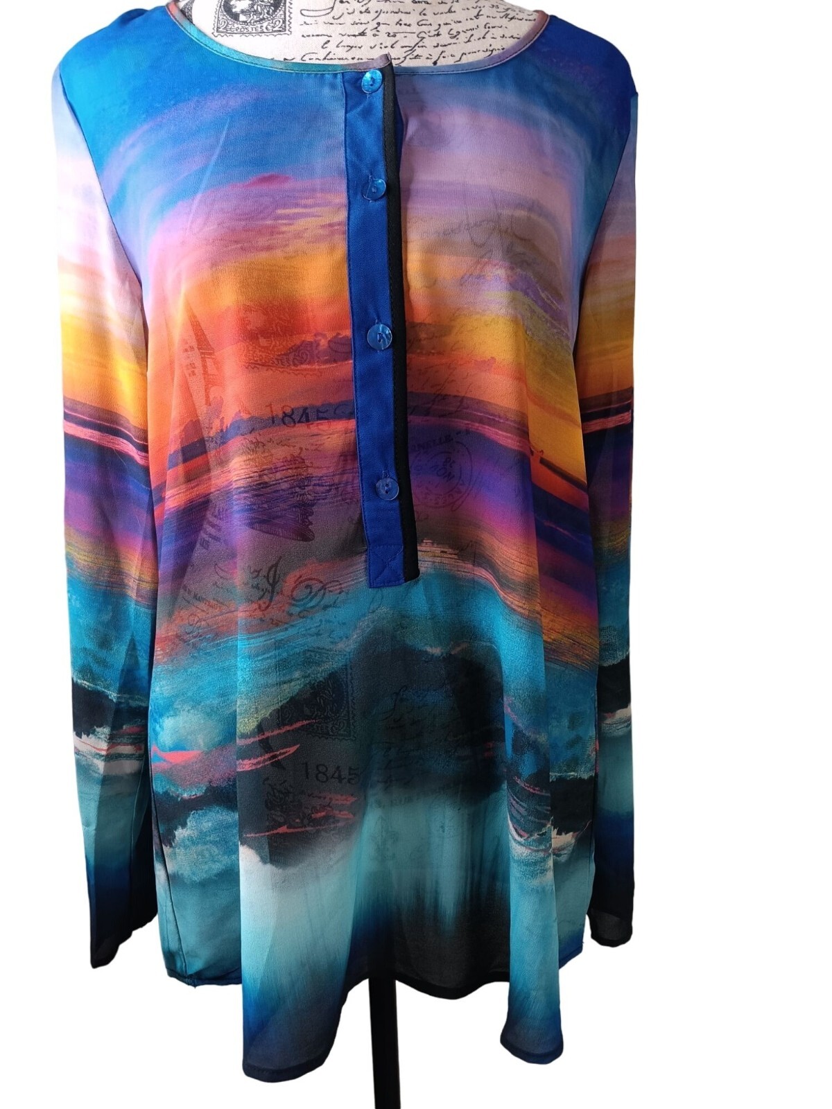 Poeme Citron Blouse Size Medium, Ocean Sunset Art to Wear Watercolor Pullover