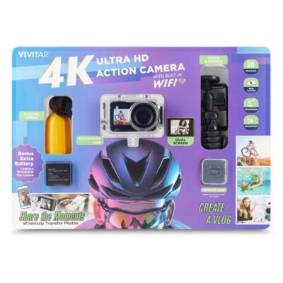 Vivitar 4K Ultra HD Action Camera Kit, Dual Screen with WiFi, Bonus Battery