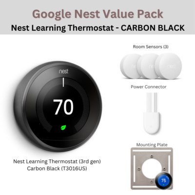 BLACK Pack: Nest Learning Thermostat 3rd gen + 3x Room Sensors + Power Connector
