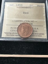 1950  ICCS Graded Canadian Small One Cent**MS-65**# XMY 108