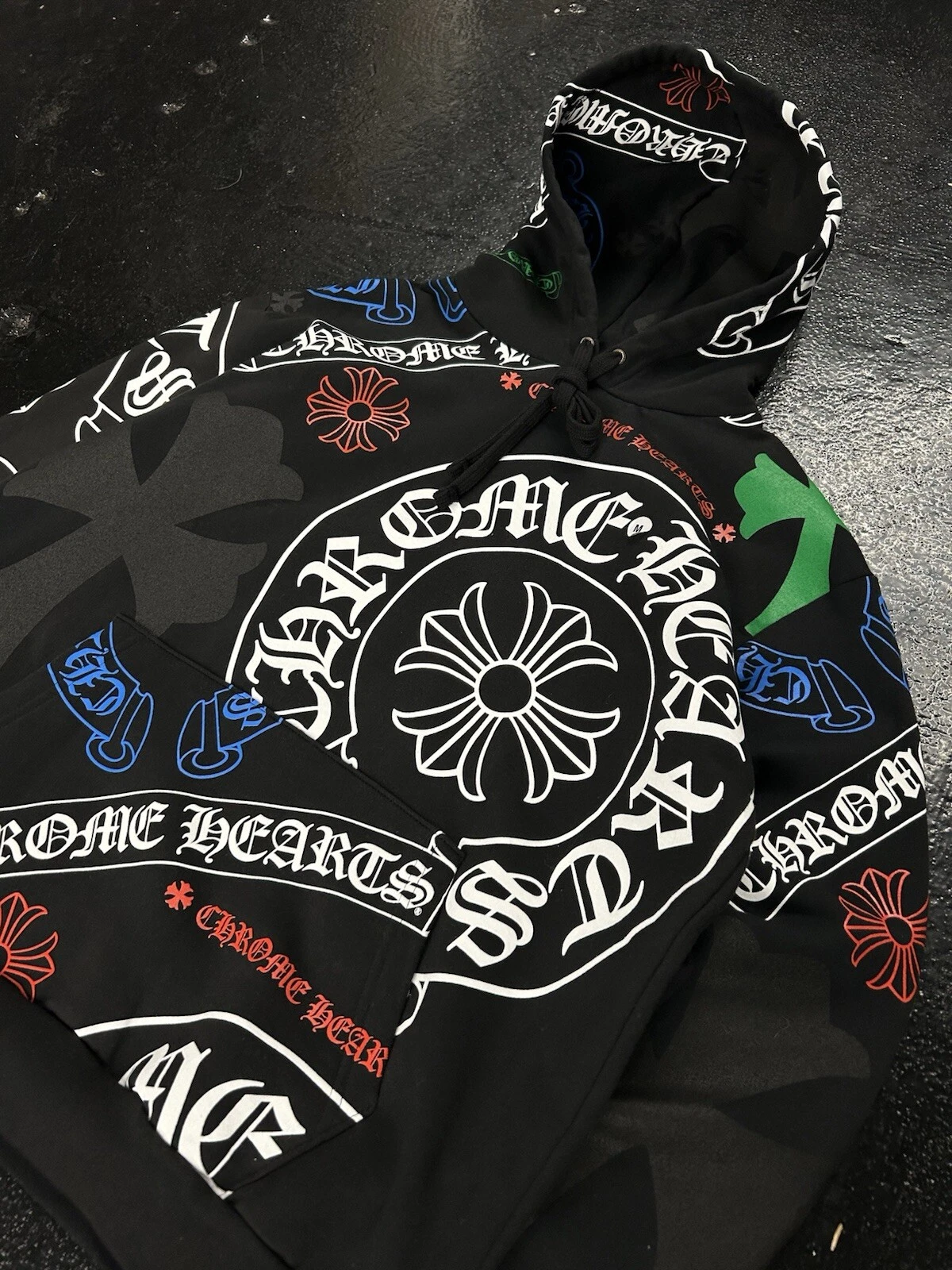 CHROME HEARTS Felpa con cappuccio pullover stencil cuori cromati taglia media