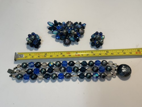 De colección. Juego de broches, pendientes y brazaletes Regency raros de diamantes de imitación azules - Firmado - Imagen 3 de 21
