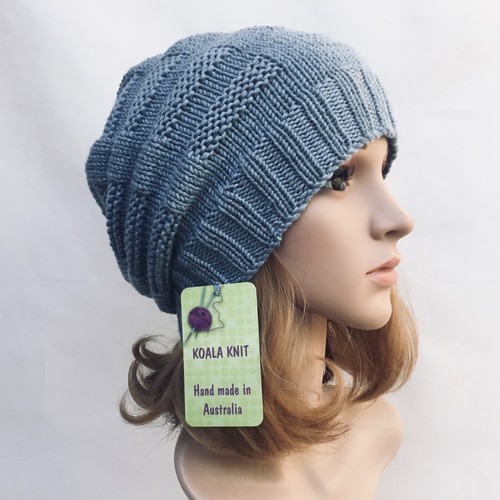 KOALA KNIT HAND KNITTED LADIES TEENS SIZE L CREAM, BLUE MERINO WOOL SLOUCHY HAT - Picture 25 of 81