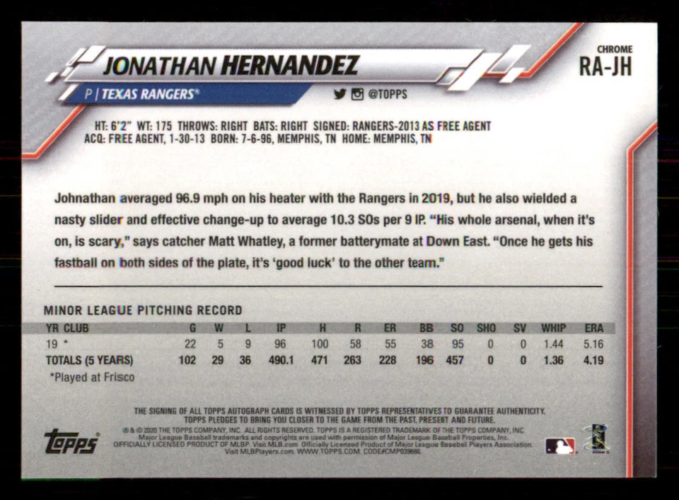 2020 Topps Chrome Rookie Autographs #RAJH Jonathan Hernandez - Image 2 of 2