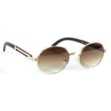 Vintage Men's Gold Rimless Round Retro Elegant Brown Tint Wood Grain Sunglasses