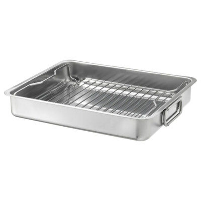EDELSTAHL BRATENOFEN PFANNE SCHÜSSEL FLEISCHRÖSTER ZINN GRILL GESTELL TABLETT
