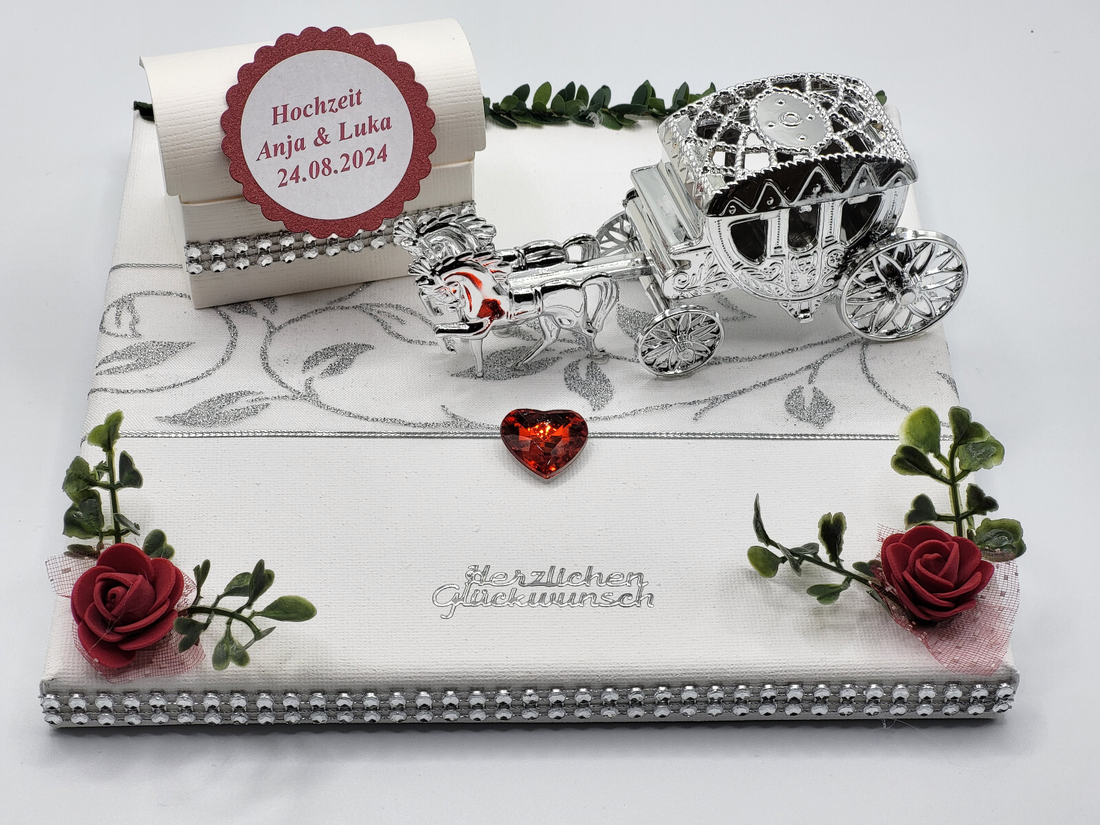 Geldgeschenk silber mit Namen Kutsche Glückwunschkarte Hochzeit Trauung