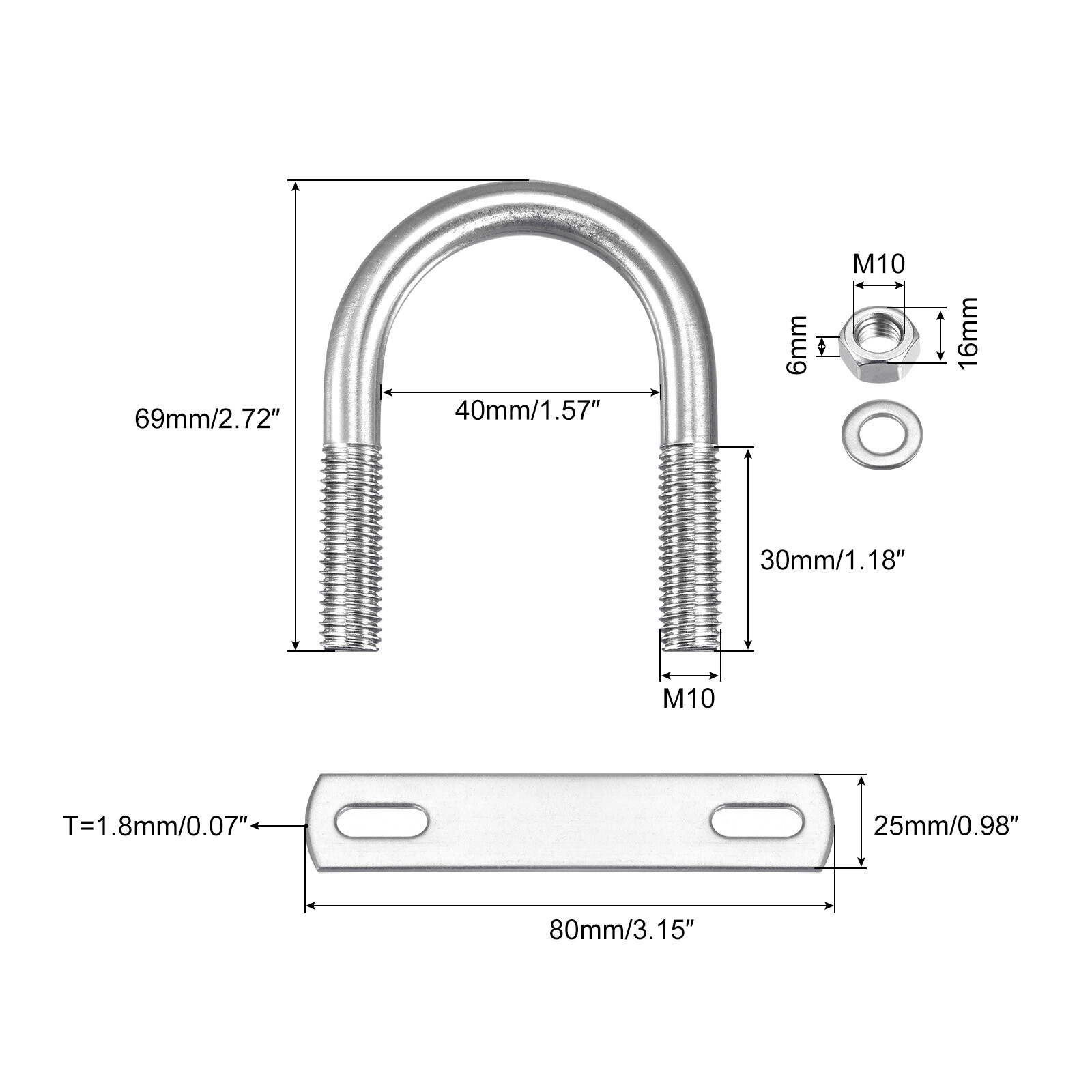 Lot De Boulons Ronds En U M6 - Largeur Intérieure 40 Mm, Longueur 58 Mm - Avec écrous, Rondelles Et Plaques