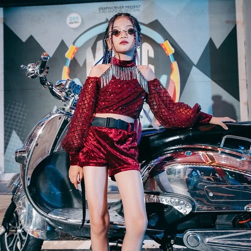 Kids Dance Costumes Sequin Street Dance Stage Clothing Hip Hop Fringe Clothes - Image 2 of 4