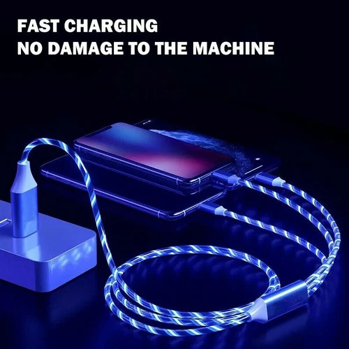 Wholesale 3 IN 1 Flowing LED Light Fast Charging Cable USB Cord For iPhone Bulk - Picture 4 of 20