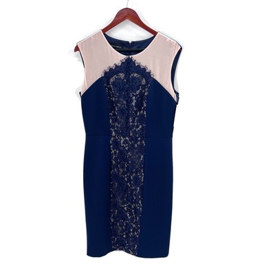 Donna Morgan Navy Blue Beige Lace Insert Sleeveless Sheath Dress Womens 10 NWT