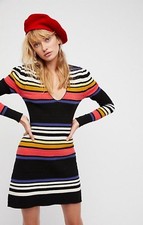 NWT Free People Striped Gidget Knit Dress Retro Mini Black Combo Stretch M