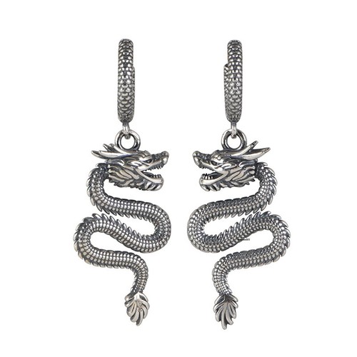 Solid 925 Sterling Silver Hoop Men Women Lucky Carved Dragon Dangle Earrings - Picture 4 of 7