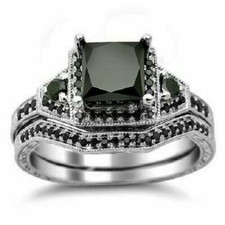 2.25Ct Princess Cut Black Diamond 14k White Gold Over Engagement Bridal Ring Set