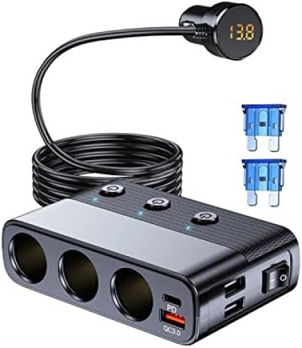3-Way Car Cigarette Lighter Socket Splitter, 7 in 1 Power Adapter, Quick Charge
