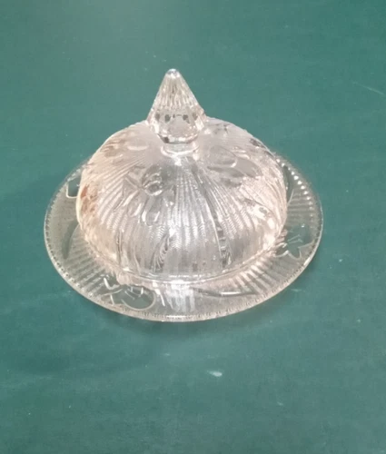 Vintage Jeanette Iris and Herringbone Clear Glass Round Butter Dish with Lid