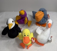 Ty Beanie Babies Bird Lot Wise Owl, Waddle Penguin, Rocket, Gracie, Kuku Plush