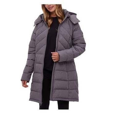 Bench Women's Hooded Long Puffer Coat Jacket, Grey, Size Extra SMALL