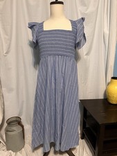 Flowy Maxi Dress Flutter Sleeve. Smocked Top. Stretchy. Blue And White. Size Med