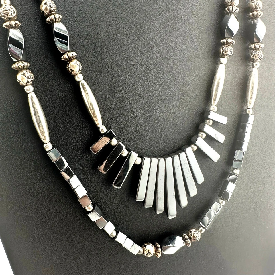 Vintage Gray Hematite Beaded Double Strand Fringe Silver Tone 26" Necklace - Image 3 of 4