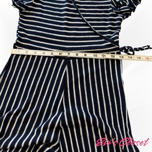 Knit Works Girl’s Jumpsuit Blue Striped White Wide Black Leg Pull On V Neck S 12 - Picture 11 of 13