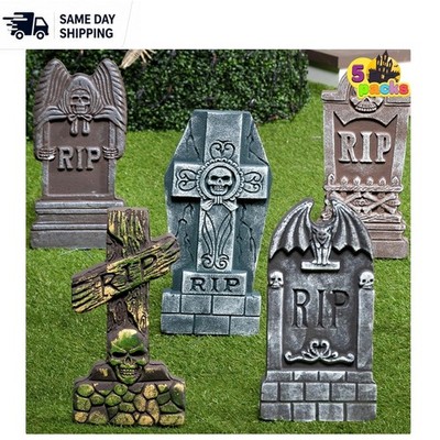 Realistic 5 Pack of 17'' Foam Tombstones with Metal Stakes for Graveyard Decor