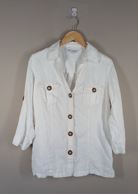 M&S Autograph Weekend Shirt Women's UK 14 White Linen 3/4 Sleeve Casual Summer