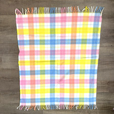 Acrylic Pastel Plaid BABY BLANKET Fringe 36"x47" Vintage Lovey Replacement