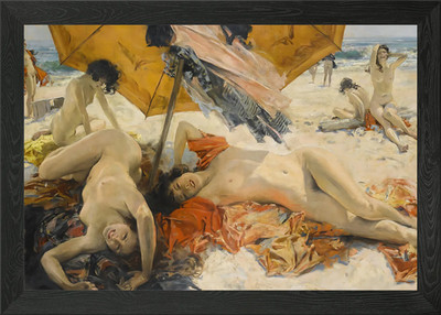 Strandszene mit Figuren und Dachschirm gerahmtes Wandbild Poster Leinwanddruck Bild
