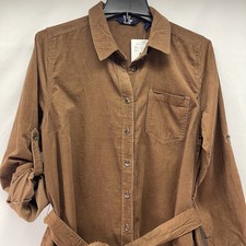 New Lands' End Pinewale Corduroy Belted Button Brown Dress Womens Large Pockets