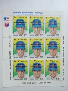 St. Vincent - Nolan Ryan 9 Stamp Sheet MNH   Overprint RARE , All Time MLB Great
