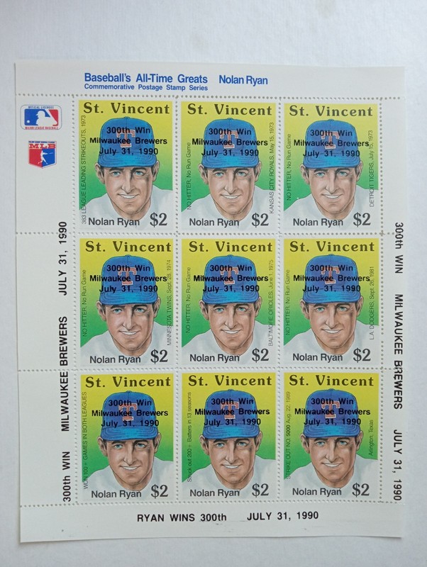 St. Vincent - Nolan Ryan 9 Stamp Sheet MNH   Overprint RARE , All Time MLB Great