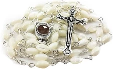 Natural Pearl Rosary Beads Necklace Jerusalem Holy Soil Medal & Silver Cross
