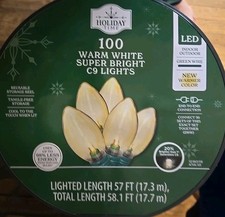 NEW Holiday Time 100 Count WARM WHITE LED Super Bright C9 Lights 59.6 FT