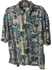 VTG 60s Tropical Print Hawaiian Camp Shirt Loop Collar XL 44"C Tiki Aloha