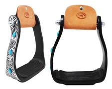 Horse 5" Black Aluminum Engraved Barrel Racing Saddle Stirrups with Turquoise