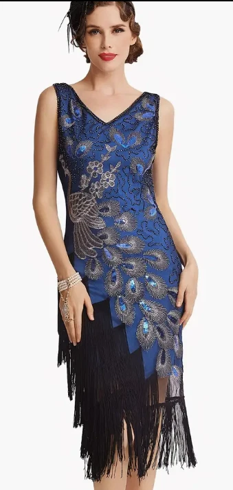 FLAPPER 1920s DRESS-Vintage Style Peacock Blue/Black Sequined Dress, Gatsby XL - Image 3 of 4