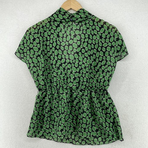 Blusa ODILLE Top 4 ANTHROPOLOGIE Seda Lunares Capucha Cuello Acanalado Peplum Verde - Imagen 2 de 12