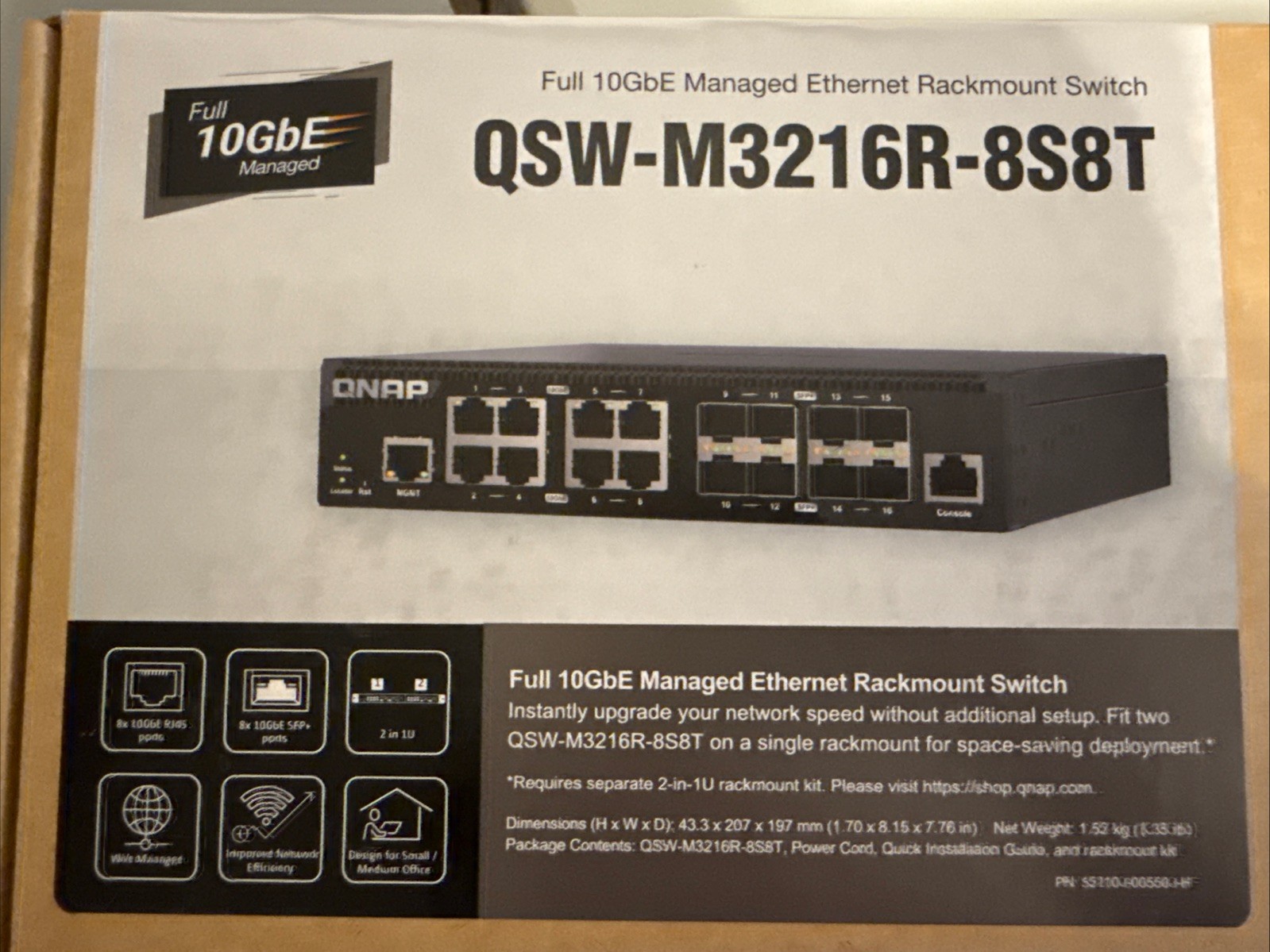 QNAP QSW-M3216R-8S8T  Half-width Rackmount 16-Port 10GbE Layer 2 Managed Switch