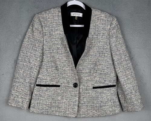 Giacca donna Kasper tweed manica 3/4 taglia 8 blu oro bianco combo aperto davanti - Foto 1 di 16