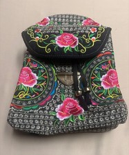 Woven Embroidered Rose Backpack Black Trim Multicolored Boho Drawstring