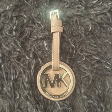 Michael Kors 1 1/2  Round GOLD MK Logo Leather Loop Hang Tag Bag Dangle Charm