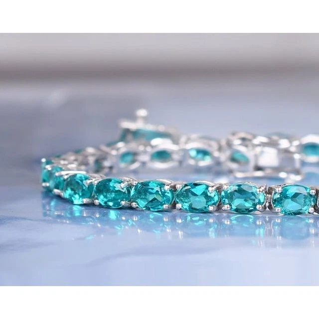Brazalete Tenis Turmalina Paraiba Creado en Laboratorio Corte Ovalado 5CT Placa Oro 14K Wh 7" Foto 2 de 2