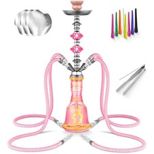 Set 4 Hose 21'' Shisha Hookah Set with Everything - Glass Shisha Vase, Pink 